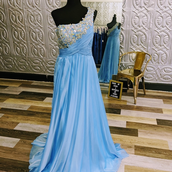 Blue One-Shoulder Beaded La Femme - Picture 1 of 4